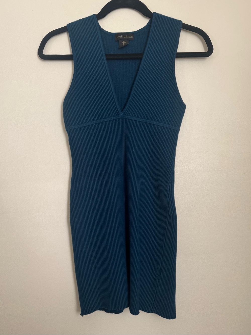 House of Harlow 1960 Ribbed V-Neck Mini Dress in Teal Blue